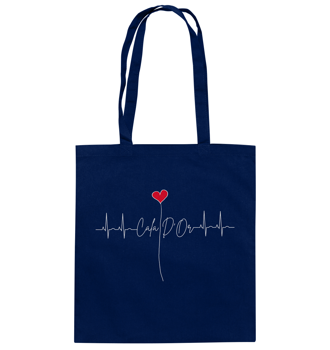 Marineblaue Baumwolltragetaschen mit weißer Aufschrift Cala D'Or und einem Herz