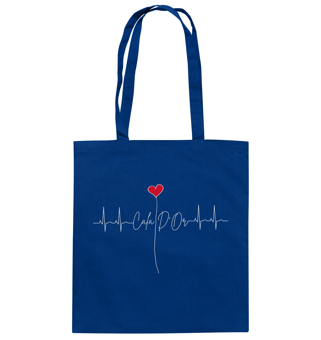 Royalblaue Baumwolltragetaschen mit weißer Aufschrift Cala D'Or und einem Herz