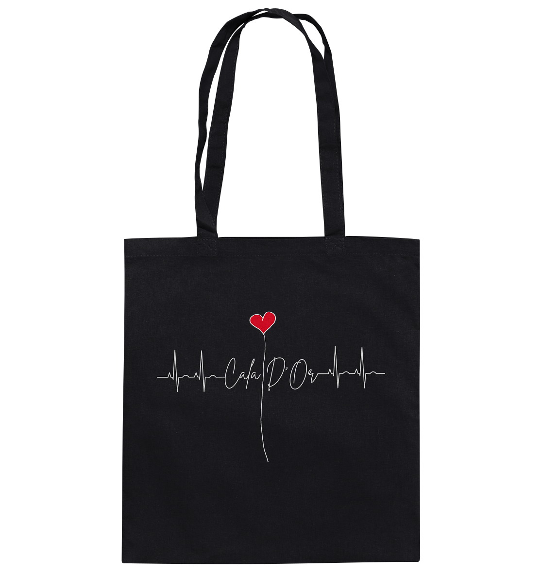 Schwarze Baumwolltragetaschen mit weißer Aufschrift Cala D'Or und einem Herz