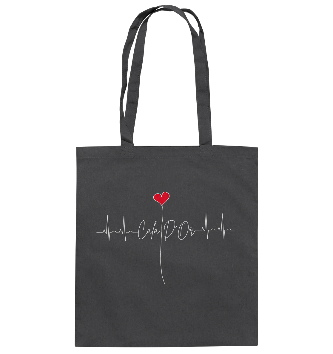 Dunkelgraue Baumwolltragetaschen mit weißer Aufschrift Cala D'Or und einem Herz