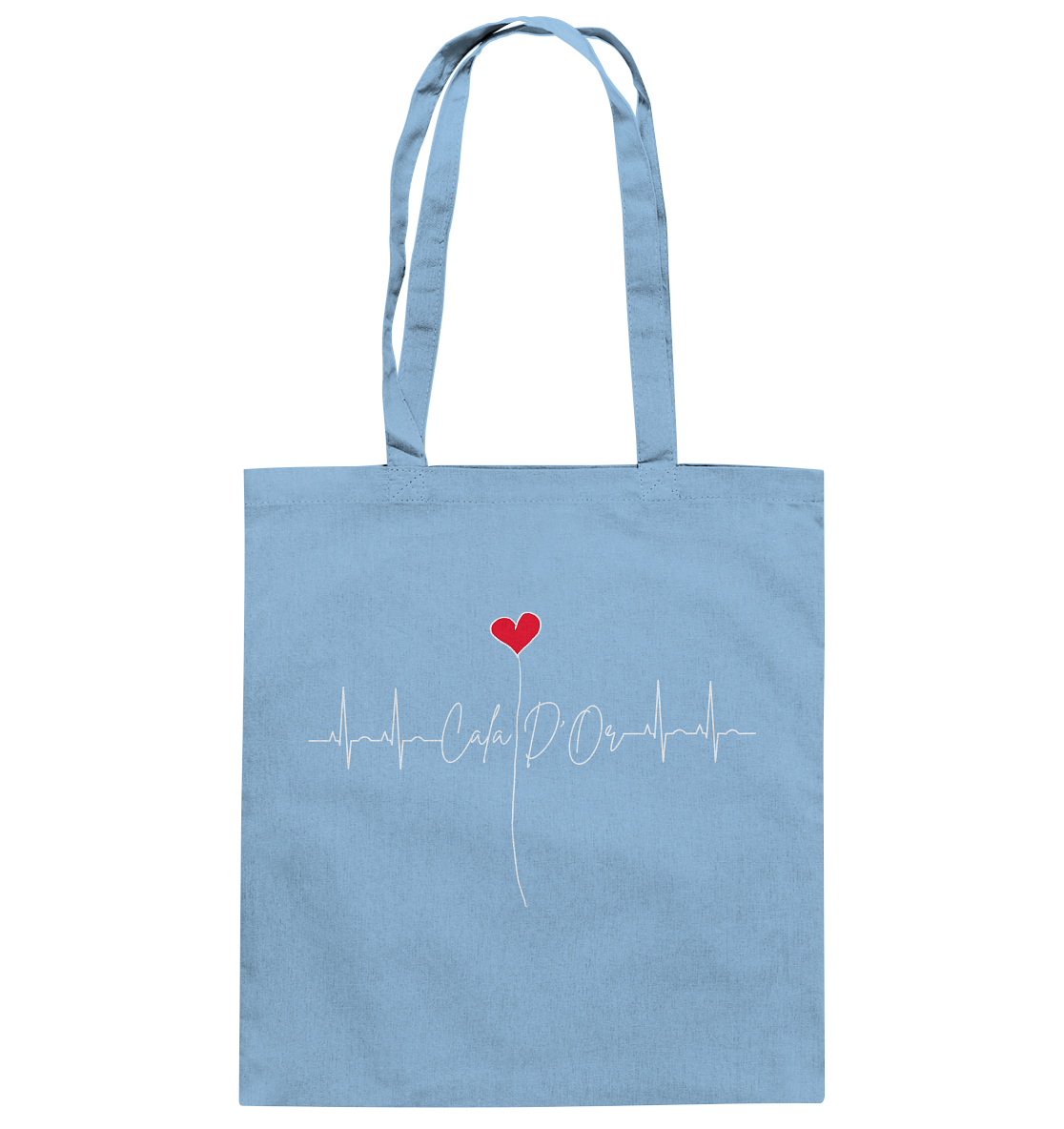 Hellblaue Baumwolltragetaschen mit Aufschrift Cala D'Or und einem Herz