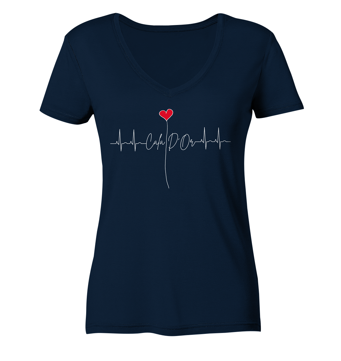 Marineblaues Damen-V-Ausschnitt-Shirt mit weißer Aufschrift Cala D'Or und einem Herz