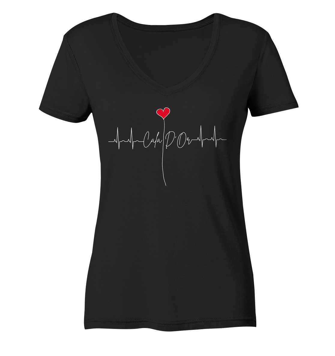 Schwarzes Damen-V-Ausschnitt-Shirt mit weißer Aufschrift Cala D'Or und einem Herz