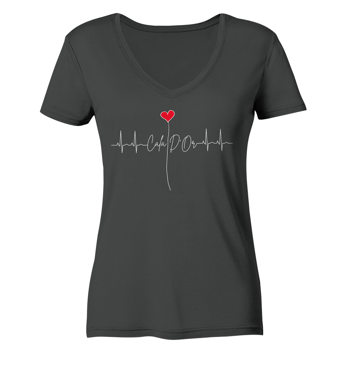 Dunkelgraues Damen-V-Ausschnitt-Shirt mit weißer Aufschrift Cala D'Or und einem Herz