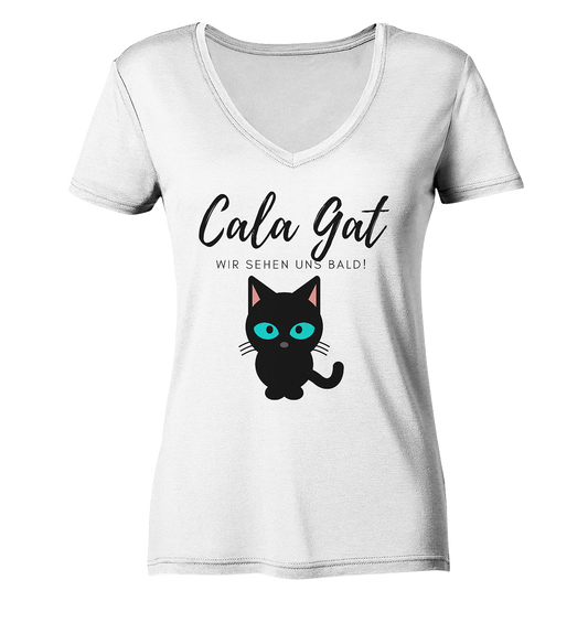 Weißes V-Ausschnitt-Shirt mit schwarzer Comic-Katze mit blauen Augen. Schriftzug "Cala Gat wir sehen uns bald"
