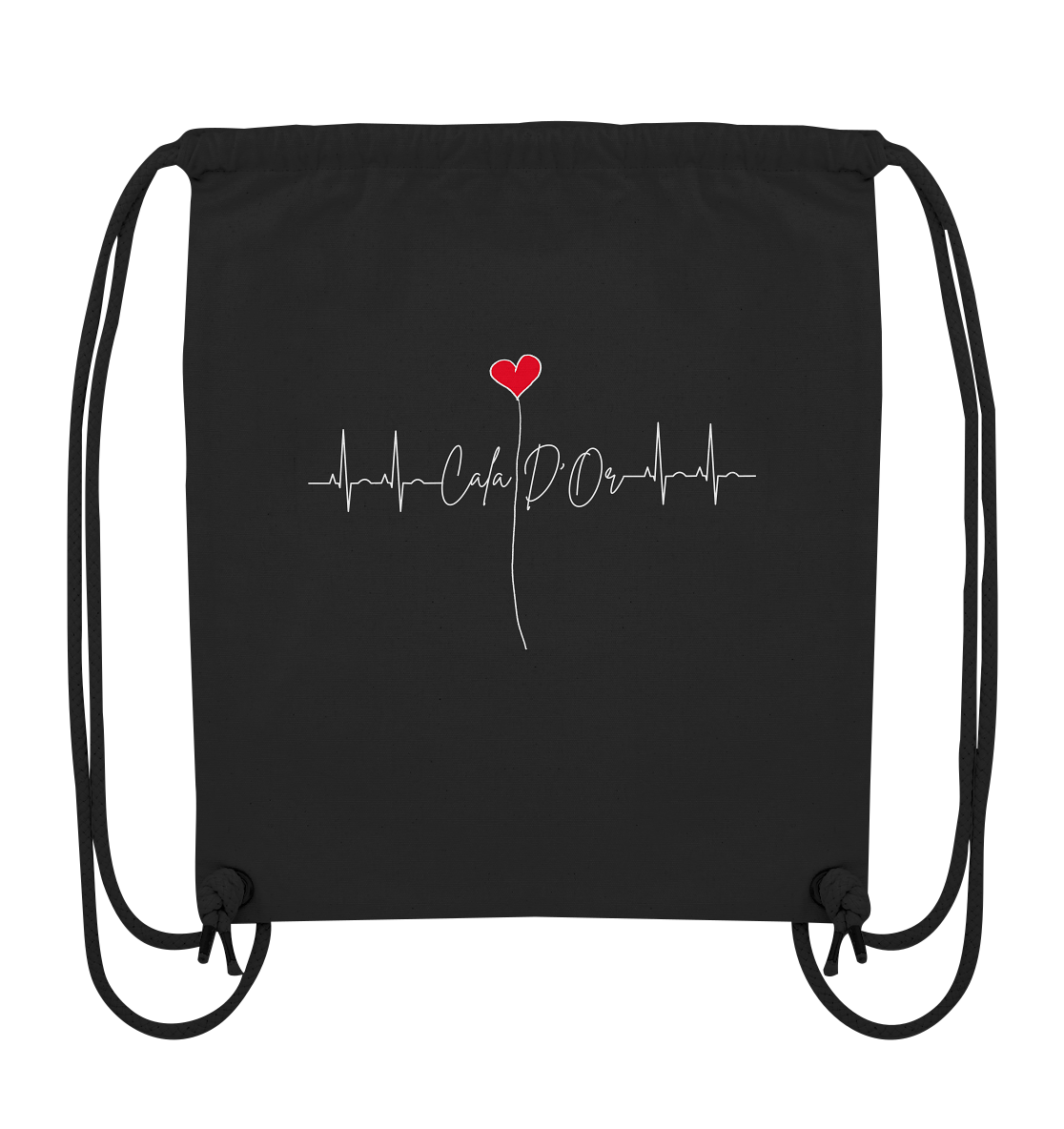 Schwarze Gym-Bag mit weißer Aufschrift Cala D'Or und einem Herz