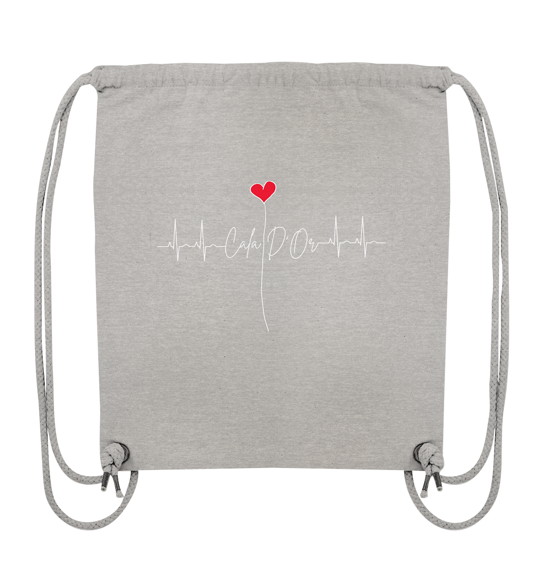 Hellgraue Gym-Bag mit weißer Aufschrift Cala D'Or und einem Herz